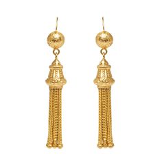 Elegant, classic and swingy.  These 18KT Gold tassel fringe earrings have beautiful ball tipped fringe which have a nice swing and movement.  Movement was something the Victorians crafted beautifully in so many different pieces of jewelry.  The cap of the fringe has ball and engraved detail as well as the top button that attaches to the ear wire.  18KT Gold with a soft warm patina. 12.6 grams.  2 inches in length from top to bottom.   Comfortable and easy to wear from day into night. English in Bulldog Decor, Victorian Crafts, Beautiful Ball, Faberge Jewelry, Long Fringes, Antique Earrings, Antique Diamond, Tassel Fringe, Fringe Earrings