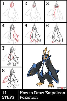 step by step drawing instructions for how to draw an empleon from the pokemon movie