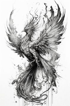 a black and white drawing of a bird with splashs on it's wings