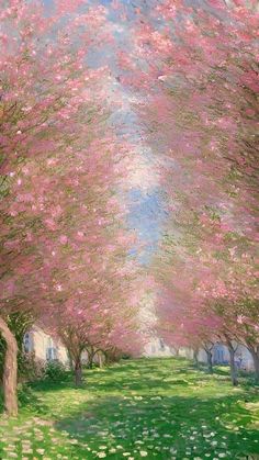 an oil painting of trees with pink flowers