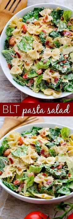 two plates filled with pasta salad on top of a table