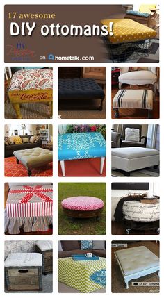 many different types of ottomans are shown in this collage with the words 17 awesome diy ottomans