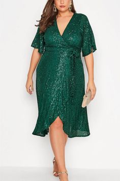 Lasaky - Sequin Club Wrap-Style V-Neck Dress Plus Size Sequin Dresses, Embellished Shorts, Sequin Embellishment, Plus Size Party Dresses, Peacock Green, Green Sequins, Date Night Dresses, Outfit Look, Plus Size Kleidung