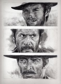 three drawings of the same man with different facial expressions