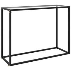 a black metal and glass console table with two shelves on each side, against a white background