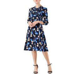 This dress is made from a floral pattern for a touch of elegance. Decorated with a mid-calf-length floral print, this dress is versatile and glamorous. Perfect for the summer and great for work, it has a fitted waist and flared hem with pleats creating a light, floaty feel. This style is cut from delicate georgette into a flattering fit and flare silhouette, while the thoughtfully placed elasticated waist for a defined look. Fully lined, it fastens with a concealed side zip and elastic back waist. Easy to dress up or down, wear with flats or heels. Occasion: Office, Work, Business, Meeting, Cocktail, Party, Daily, Casual, Weekend, Date, Casual, etc. Please check your measurements to make sure the item fits before ordering. The model is wearing size XS. (Height: 5'7.7", Chest: 33 1/2 inches Elegant Blue Floral Long Sleeve Dress, Elegant Long Sleeve Blue Floral Dress, Elegant Blue Long Sleeve Floral Dress, Blue Floral Print Midi Dress For Work, Blue Floral Midi Dress For Work, Spring Half Sleeve Printed Midi Dress, Blue Floral Print Midi Dress, Spring Midi Dress With 3/4 Sleeves And Print, Blue Floral Midi-length Dress For Spring