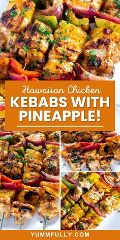 hawaiian chicken kebabs with pineapple on a white plate and in the background is an orange text overlay that says hawaiian chicken kebabs with pineapple