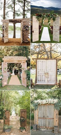 an outdoor ceremony with wooden doors and greenery on the sides, surrounded by trees