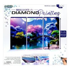 diamond painting kit with instructions for beginners to paint trees and flowers on the water