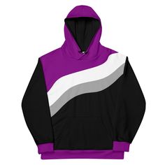 Introducing our Ace Wave Hoodie, a subtle yet stylish way to showcase your asexual pride! This unisex hoodie features the vibrant colors of the asexual flag on the soft outside, while the inside boasts a plush brushed fleece for ultimate coziness. Designed with a relaxed fit, this hoodie is perfect for snuggling up in on chilly evenings. Crafted from a blend of 95% recycled polyester and 5% spandex, this hoodie offers both comfort and sustainability. The cotton-feel fabric face and double-lined hood with a design on both sides add extra touches of quality and style. Complete with drawstrings and overlock seams, this Ace Pride Colorblock Hoodie is a must-have for anyone looking to make a statement with their fashion choices. * 95% recycled polyester, 5% spandex * Fabric weight (may vary by Black Color Block Sweatshirt For Sports, Sporty Color Block Hoodie For Sports, Streetwear Purple Hoodie With Double-lined Hood, Athleisure Hooded Color Block Hoodie, Winter Sports Color Block Hoodie, Sporty Color Block Hoodie, Sporty Purple Hoodie Sweatshirt, Sporty Purple Hoodie For Sports, Sports Hoodie Sweatshirt With Color Block