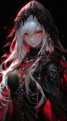 an anime character with long white hair and red eyes, wearing black clothing in the dark