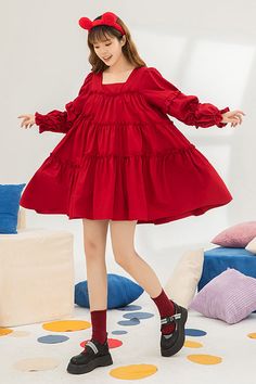 Red Square Neck Ruffled Long Sleeves Oversized High Waisted Sweet Loli – LolitaInside Cute Fall Mini Dress With Ruffles, Cute Red Puff Sleeve Dresses, Sweet Red Long Sleeve Dress, Bust Dress, Style Types, Op Dress, Spring Summer Autumn Winter, Red Square, Ruffle Long Sleeve