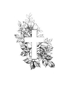 a cross surrounded by flowers and leaves