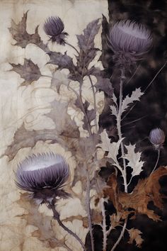 a painting of thistles and leaves on a piece of paper