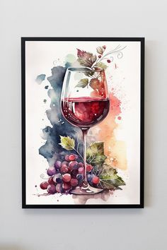 a watercolor painting of a glass of wine and grapes