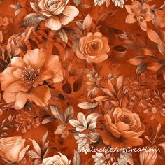 an orange and white flowered background with many different flowers on the bottom half of it