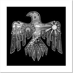 a black and white drawing of an eagle with sunflowers on it's wings