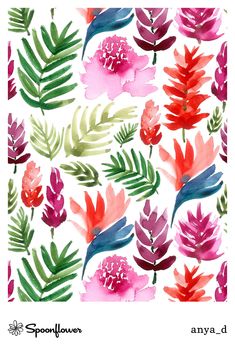 watercolor flowers and leaves are featured in this colorful art print by spoollowes