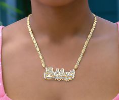 "Our Nameplate Necklace will surely be a statement! This Double Nameplate Necklace is handcrafted by an artisan out of 14K Gold Over Sterling Silver. Choose a name that is up to ten letters for the nameplate. Only two capital letter allowed. If you want any lower case or uppercase please add a note to your order. Comes with a 18\" xoxo chain. Wear this Name Necklace with a casual look when out with the girls, or when flaunting your Name simply because! Makes the perfect gift for all occasions. M Graffiti Names, Double Name, Name Plate Necklace, Wardrobe Accessories, Nameplate Necklace, Photo Pendant, Plate Necklace, Lower Case, Name Jewelry