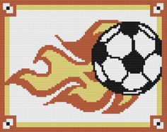 a cross stitch pattern with a soccer ball in the center and flames coming out of it