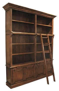 a wooden bookcase with two ladders on it