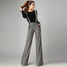 "New collection of Long Wool Plaid Suspender Pants Casual Autumn Winter Warm Cotton Straight-leg Vintage Inspired High-waist PantsThese pants are excellent for winter, with high-waist design, comfortable and flattering.Fashionable and warm, a pair of gray plaid suspender wool pants is a perfect match for the fall fashion season, vintage inspired long pants with straight-leg cut make your body look thin. DETAIL * 30% wool, 30% fiber, 40% polyester * Satiny liner, Full Length * front zipper * two Womens Palazzo Pants, Suspender Pants, Wool Pants, Mode Inspiration, Casual Girl, Tulum, Look Fashion, Fashion Pants, Trousers Women