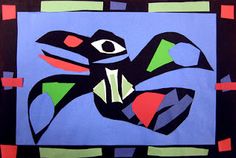 an abstract painting of a bird in blue, green, red and black colors with squares around it