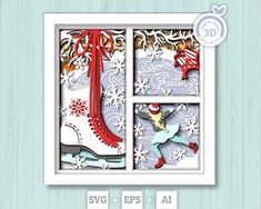 an image of a christmas card with snowflakes and boots on the window sill