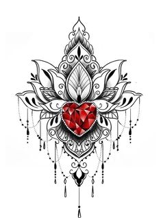 a red heart surrounded by black and white designs on a white background with an ornate design