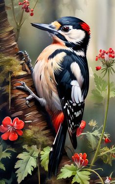 a painting of a bird sitting on a tree branch with red flowers in the background