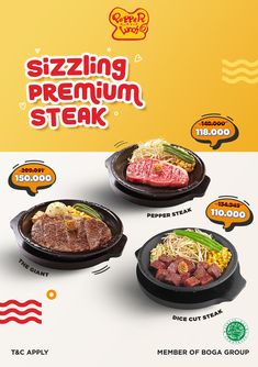 three different types of steaks on plates with the words sizzling premium steak above them