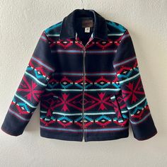 Pendleton Virgin Wool & Leather Collar Western Zipper Jacket Size Small Pre-Owned Virgin Wool & Cotton Trim Collar Is 100% Leather Zip Front Two Front Pockets Leather Collar Fully Lined Western Style Black, Blue, Red & Cream Colored Perfect For Colder Weather, Winter, Snow, Country, Aztec Print Pendleton Jacket Women, Vintage Pendleton Jacket, Pendleton Harding Coat, Pendleton Coat, Pendleton Coats & Jackets, Pendleton Jacket, Zipper Jacket, Aztec Print, Leather Collar