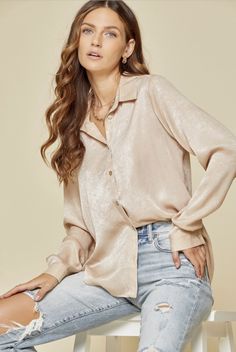 Awe-Inspiring Shimmer! Champagne Shimmer Button Down Blouse Polyester Team Roping, Tell Me More, Styling Guide, Pretty Blouses, Unique Boutique, Watch It, Button Down Blouse, Western Fashion, Tell Me