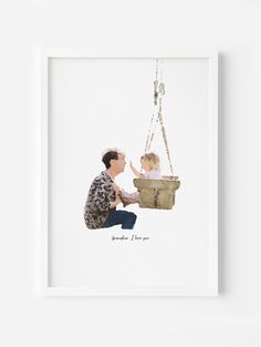 a watercolor painting of a father and daughter on a swing