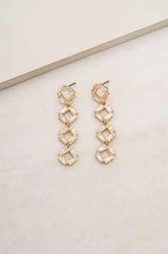 18kt gold plated brass CZ 2" x 0.45" Clear Crystals, Crystal Drop Earrings, Crystal Drop, Clear Crystal, 18k Gold, Gold Plate, Plating, Drop Earrings, Brass