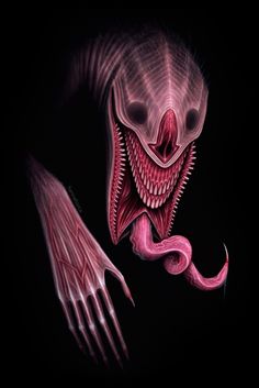 an alien creature with its mouth open and hands extended to it's side, in the dark