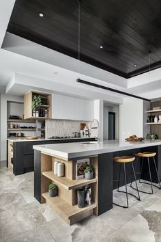 a kitchen with an island and two stools