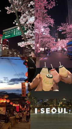 the collage shows several different pictures including trees, buildings and people holding drinks in their hands