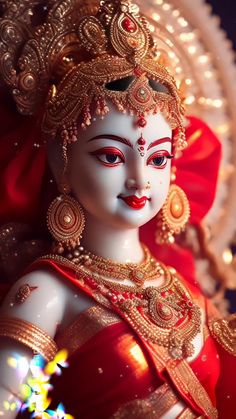 a white statue with red and gold decorations on it's face, wearing an elaborate headdress