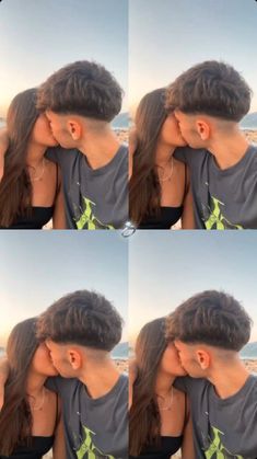 four different pictures of a woman with long hair and an ear piercing in front of the ocean