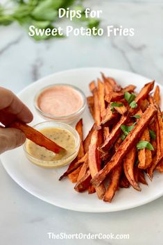 dipping dips for sweet potato fries on a white plate