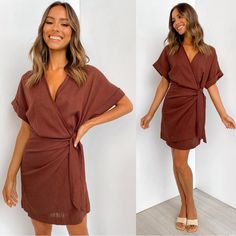 I Have This Dress In Both Lilac And Brown And Never Worn Them Brown V-neck Mini Dress For Day Out, Casual Mini Length Wrap Dress For Vacation, Brown V-neck Mini Dress For Summer, Brown Short Sleeve Summer Dress, V-neck Brown Mini Dress For Day Out, Brown Summer Dress For Day Out, Brown Knee-length Mini Dress For The Beach, Brown Knee-length Mini Dress For Beach, Summer Brown Dress For Date Night