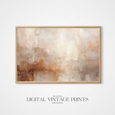 an abstract painting hangs on the wall in front of a white background that reads digital vintage prints