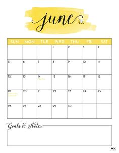 a june calendar with the words june and yellow watercolor paint strokes on white paper