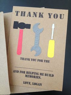 two thank you cards with tools on them