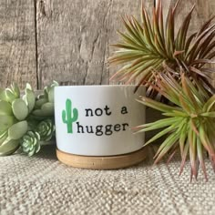 a white mug with the words not a hugger on it next to some succulents