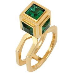 A green tourmaline and 18-karat gold cube ring with a double shank by Sweden's most prolific and famous designer, Sigurd Persson, 1960. He designed everything from fine jewelry to tea kettles and much more. This ring is a size 7 stamped with the national control mark, 18k, K9 for 1960, Furnia AB, Stockholm. Fine, fun and fabulous. Rigorously modern in the mid-twentieth century strictly Swedish style. A ring to enjoy and a ring that would easily sit as part of any significant ring collection. Jewelry Reference, Geometric Stone, Green Tourmaline Ring, Handmade Sterling Silver Rings, Estate Rings, Emerald City, Gold Ring Sets, Tourmaline Ring, Gold Wood