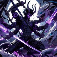 an image of a demon with two swords in front of a full moon and dragon