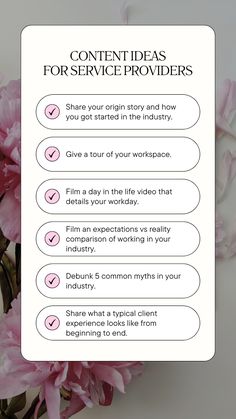 pink flowers with the words content ideas for service providers