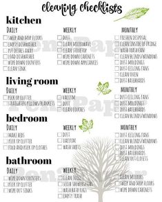 a printable cleaning checklist with leaves on the top and below it is an image of